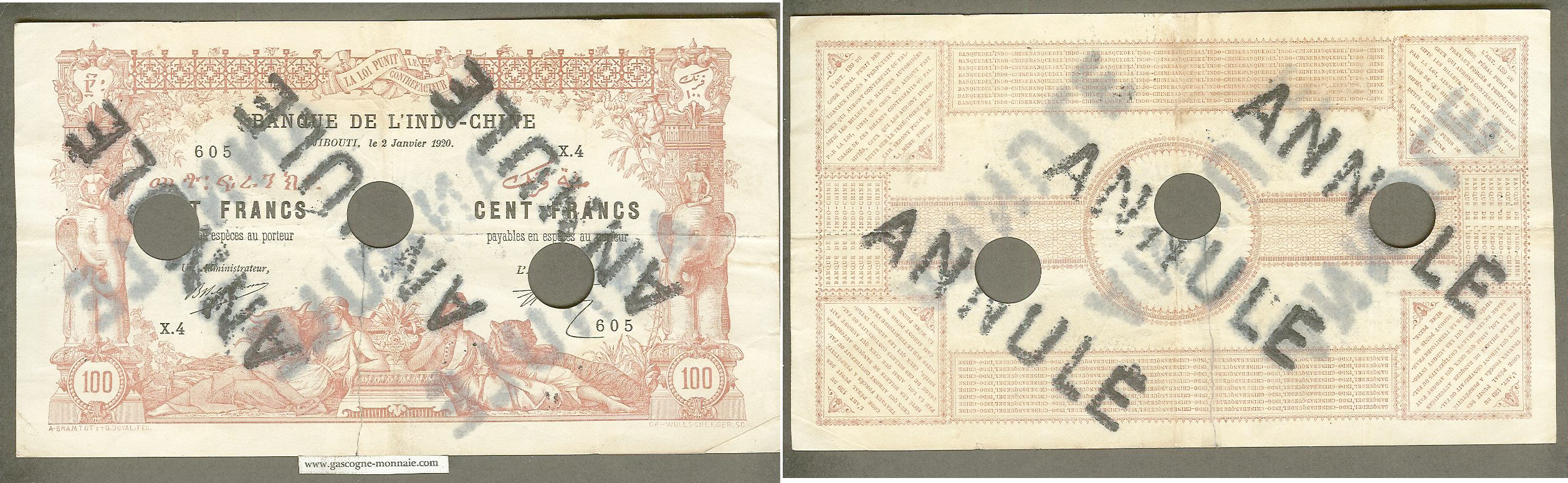 Djibouti Bank of Indochina 100 francs 2.1.1920 Cancelled aVF
